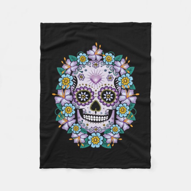 Lila Sugar Skull med blommor Fleecefilt (Framsidan)