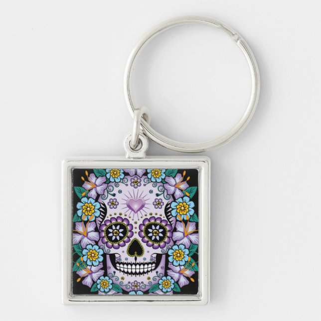 Lila Sugar Skull med blommor Fyrkantig Silverfärgad Nyckelring (Framsidan)