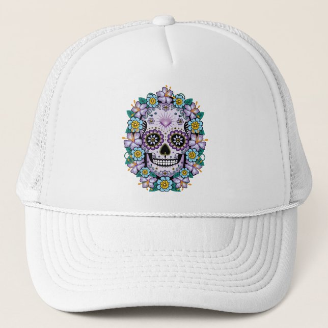 Lila Sugar Skull med blommor Keps (Framsida)