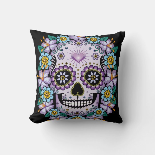 Lila Sugar Skull med blommor Kudde (Framsida)
