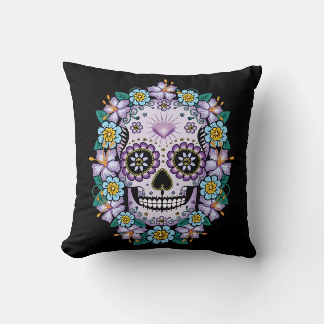 Lila Sugar Skull med blommor Kudde (Framsida)