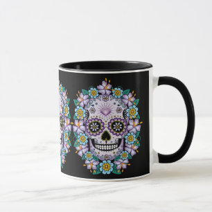Lila Sugar Skull med blommor Mugg