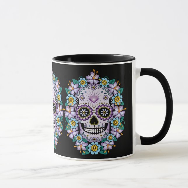 Lila Sugar Skull med blommor Mugg (Höger)