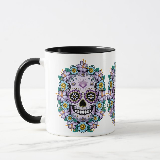 Lila Sugar Skull med blommor Mugg (Vänster)