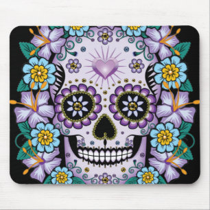 Lila Sugar Skull med blommor Musmatta
