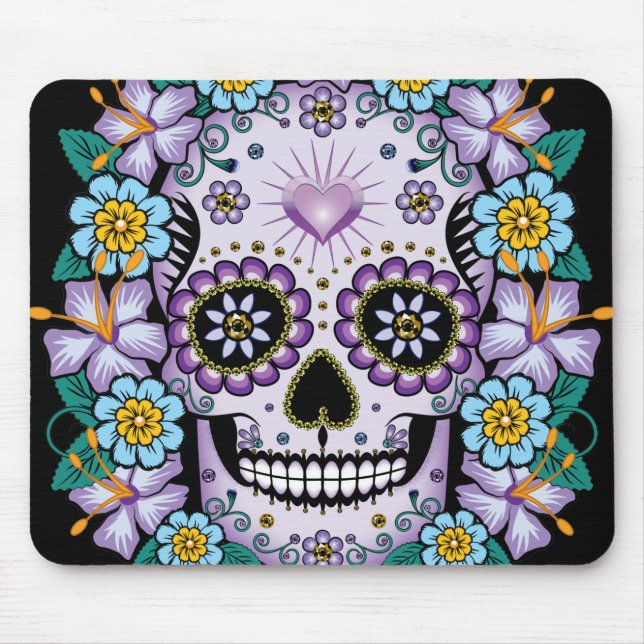 Lila Sugar Skull med blommor Musmatta (Framsidan)