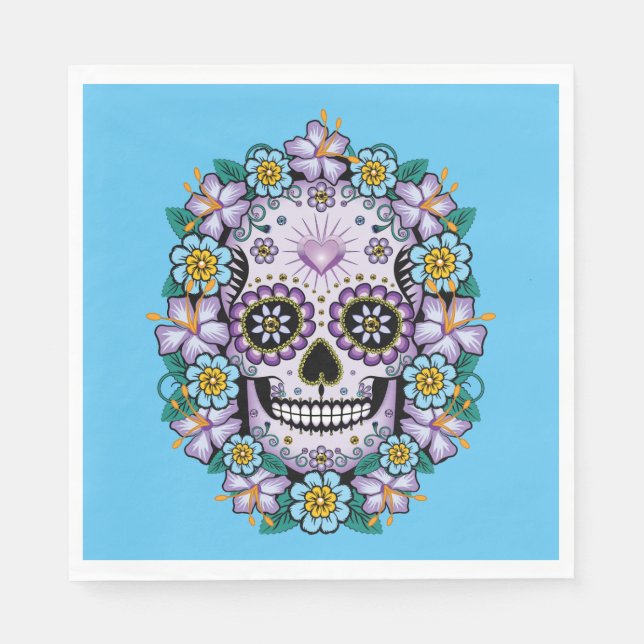 Lila Sugar Skull med blommor Pappersservett (Framsidan)