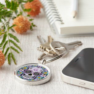 Lila Sugar Skull med blommor Rund Silverfärgad Nyckelring