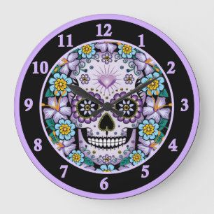 Lila Sugar Skull med blommor Stor Klocka
