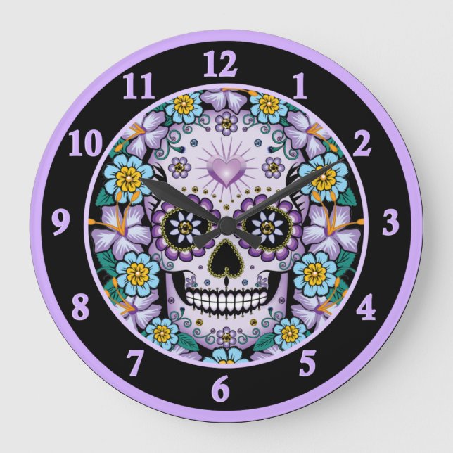 Lila Sugar Skull med blommor Stor Klocka (Framsida)