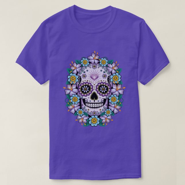 Lila Sugar Skull med blommor T Shirt (Design framsida)