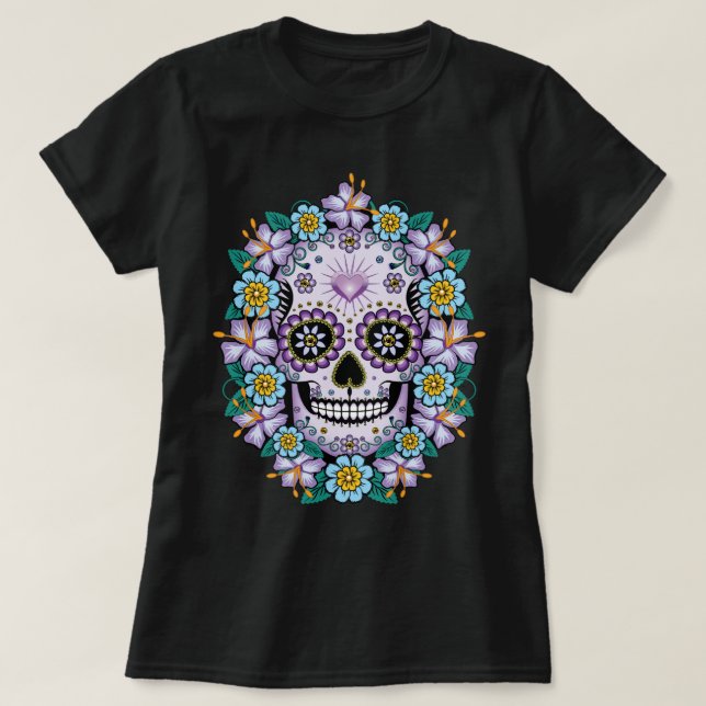 Lila Sugar Skull med blommor T Shirt (Design framsida)