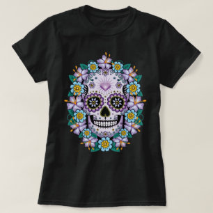 Lila Sugar Skull med blommor T Shirt