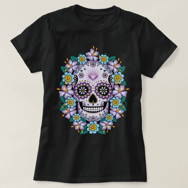 Lila Sugar Skull med blommor T Shirt (Design framsida)