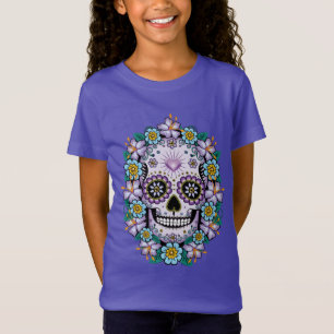 Lila Sugar Skull med blommor T Shirt
