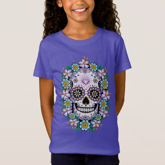 Lila Sugar Skull med blommor T Shirt (Framsida)