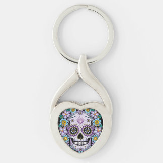 Lila Sugar Skull med blommor Twisted Heart Silverfärgad Nyckelring