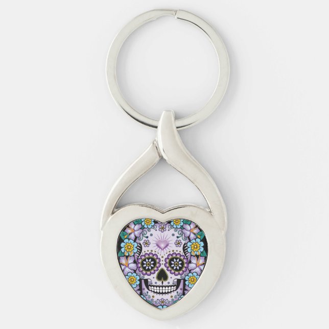 Lila Sugar Skull med blommor Twisted Heart Silverfärgad Nyckelring (Framsidan)