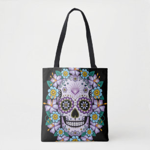 Lila Sugar Skull med blommor Tygkasse