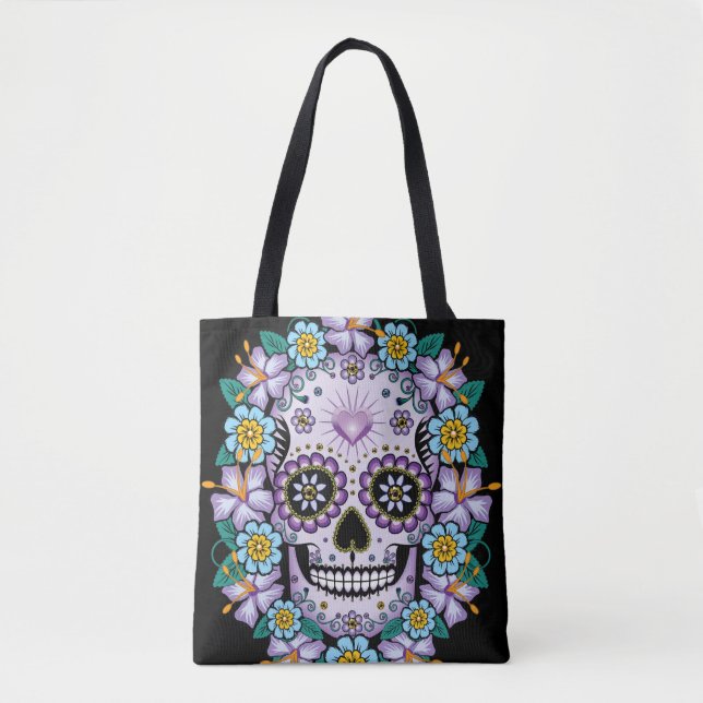 Lila Sugar Skull med blommor Tygkasse (Framsida)
