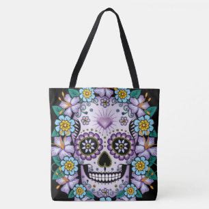 Lila Sugar Skull med blommor Tygkasse