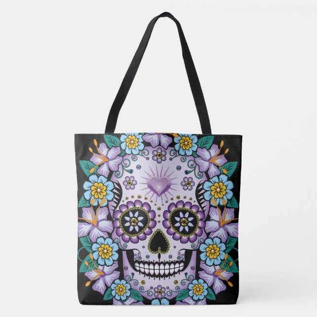 Lila Sugar Skull med blommor Tygkasse (Framsida)