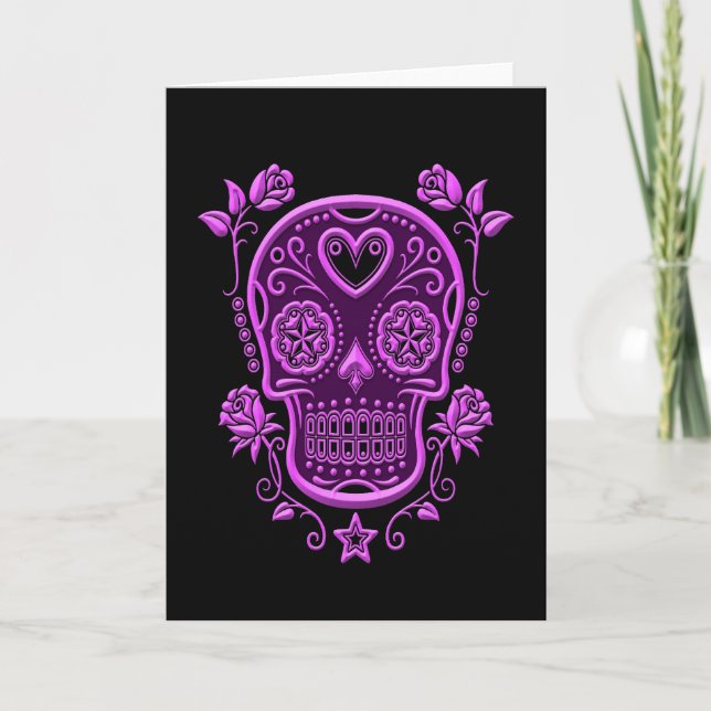 Lila Sugar Skull med Ro på Black Kort (Framsida)
