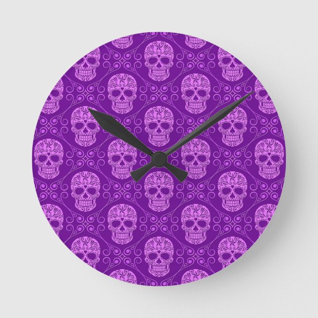 Lila Sugar Skull Mönster Rund Klocka (Framsida)