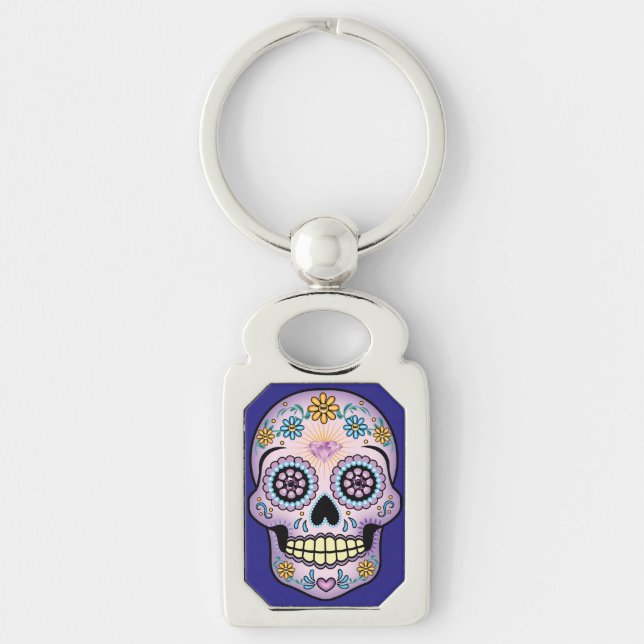 Lila Sugar Skull Rektangulärt Silverfärgad Nyckelring (Framsidan)