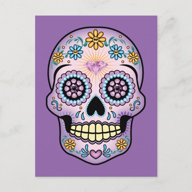 Lila Sugar Skull Vykort (Framsida)