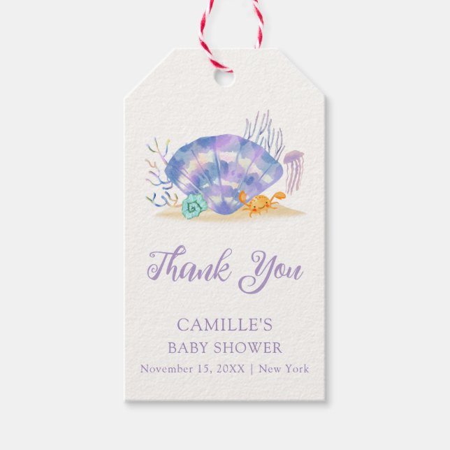 Lila Summer Sea Pearl Girl Baby Shower Tack Presentetikett (Framsidan)