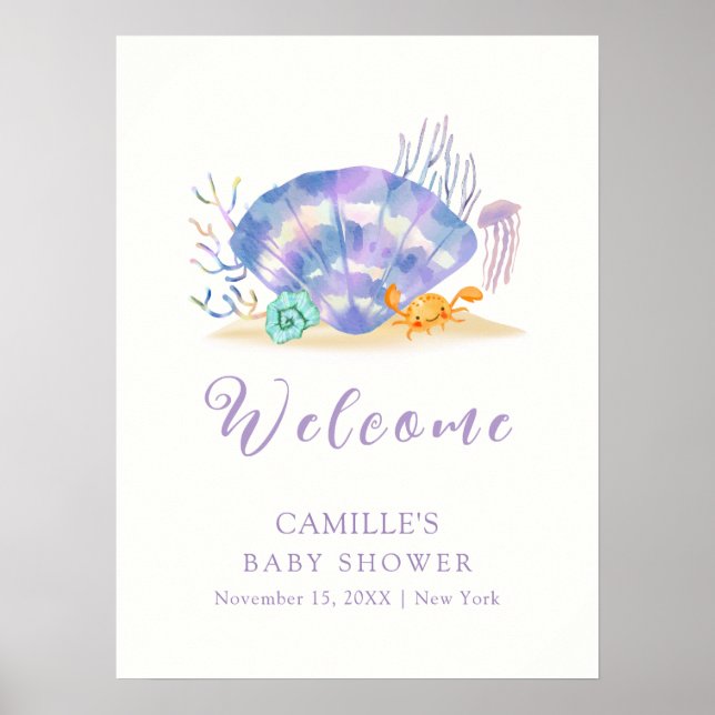 Lila Summer Sea Pearl Girl Baby Shower Välkommen Poster (Framsidan)