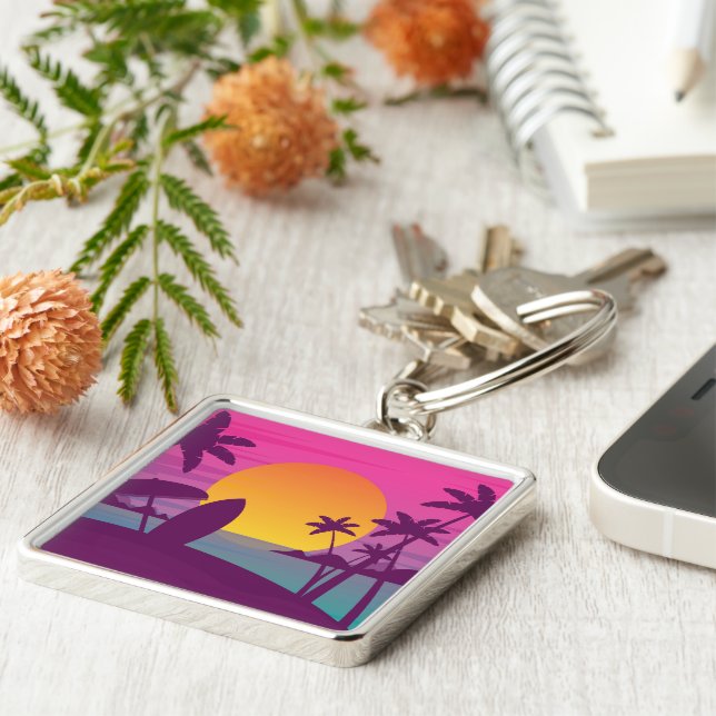 Lila sunset surfa strand fyrkantig silverfärgad nyckelring (Sidan)
