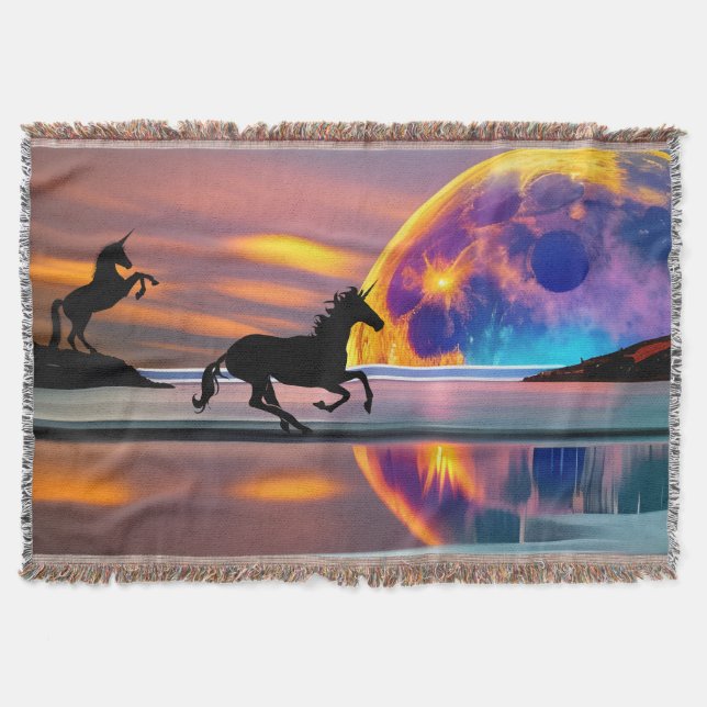 Lila Sunset, unicorns, Full Moon på stranden Filt (Framsidan)