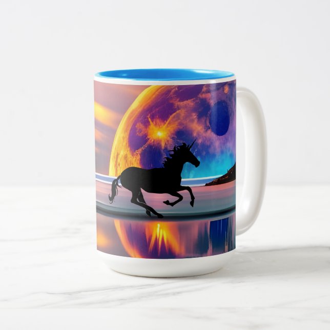 Lila Sunset, unicorns, Full Moon på stranden Två-Tonad Mugg (Framsida höger)