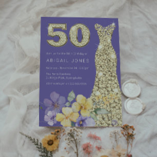 Lila & Sunshine Guld Gown 50:e Födelsedagsfesten Inbjudningar