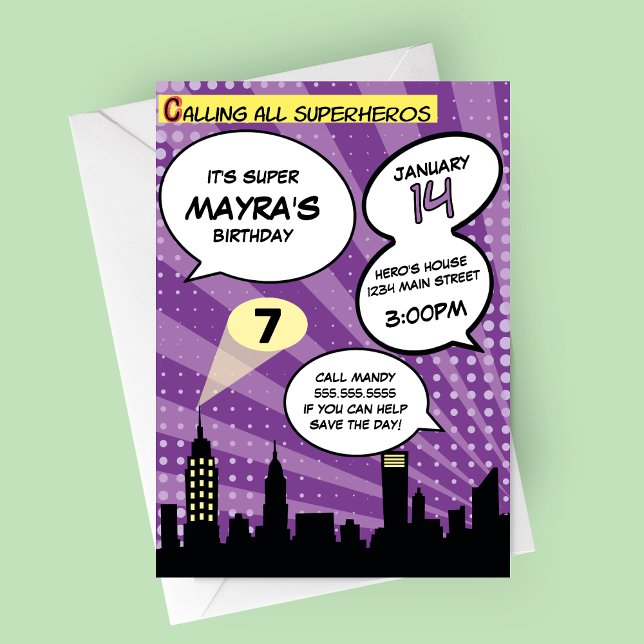 Lila Superheros Tecknad Bok Styld Födelsedagsfest Inbjudningar (Purple Comic Book Superheros Birthday Party Invitation)