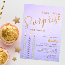 Lila Surprise Birthday Call Glitter Candle Inbjudningar