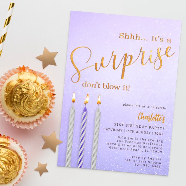 Lila Surprise Birthday Call Glitter Candle Inbjudningar (Surprise Birthday Party Invitation)