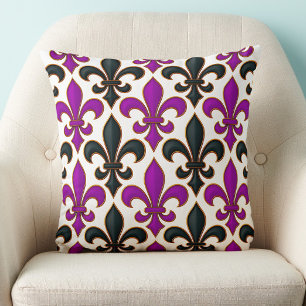 Lila svart barock Fleur-de-lis mönsterdesign Kudde
