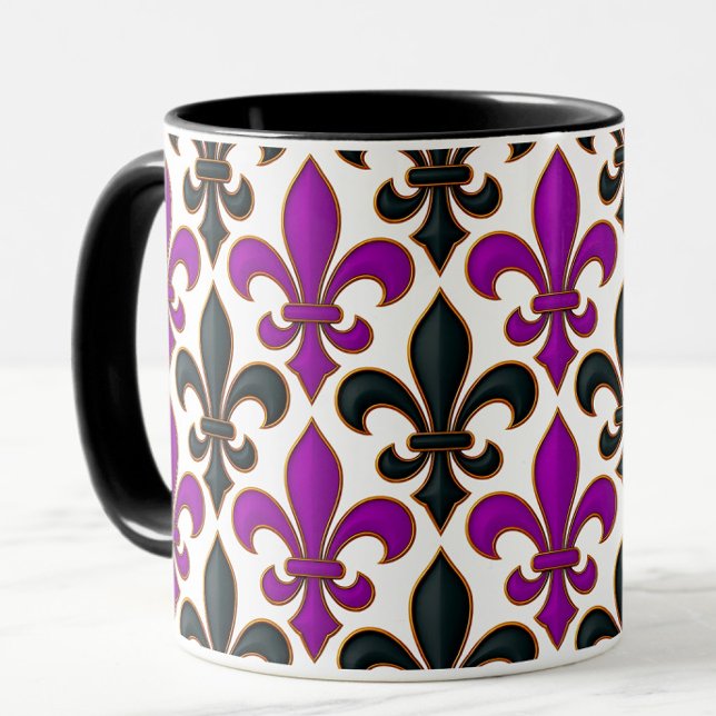 Lila svart barock Fleur-de-lis mönsterdesign  Mugg (Skapare uppladdad)