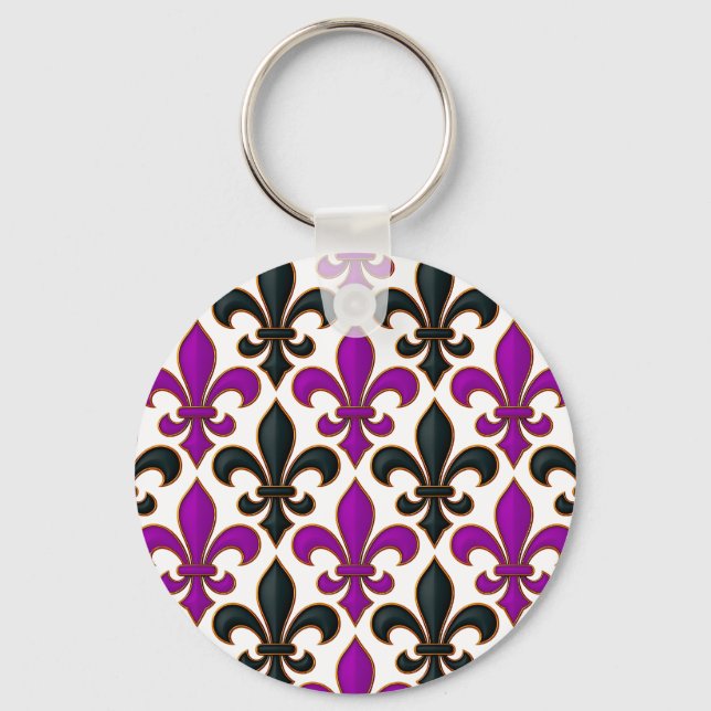 Lila svart barock Fleur-de-lis mönsterdesign  Nyckelring (Framsida)