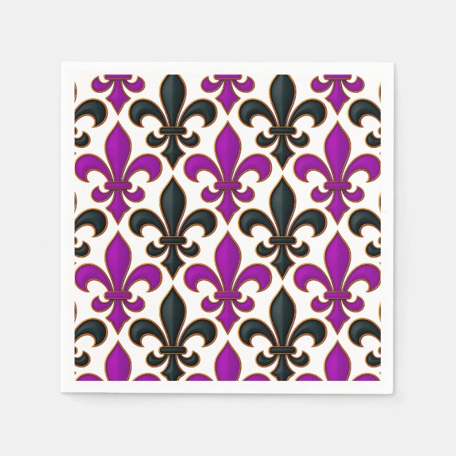 Lila svart barock Fleur-de-lis mönsterdesign  Pappersservett (Framsidan)