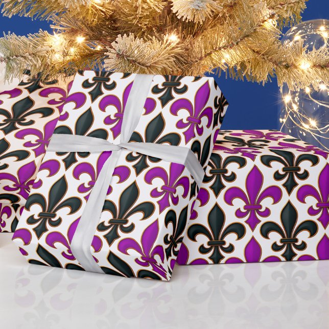 Lila svart barock Fleur-de-lis mönsterdesign  Presentpapper (Skapare uppladdad)