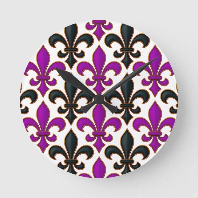 Lila svart barock Fleur-de-lis mönsterdesign  Rund Klocka (Framsida)