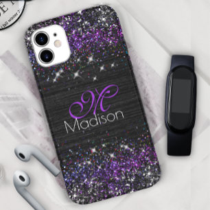 Lila svart borstad metall glitter monogram