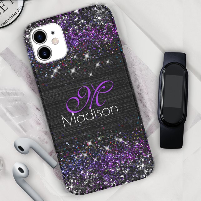 Lila svart borstad metall glitter monogram (Skapare uppladdad)