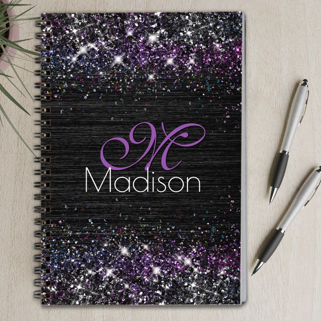 Lila svart borstad metall glitter monogram anteckningsbok (Skapare uppladdad)