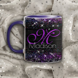 Lila svart borstad metall glitter monogram mugg