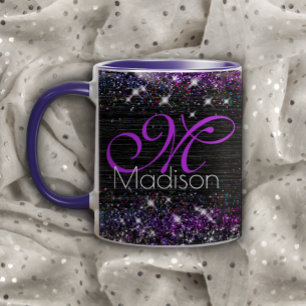 Lila svart borstad metall glitter monogram mugg